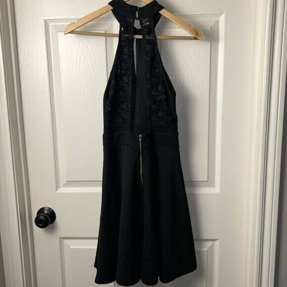 Altar'd State Black Textured Fit & Flare Halter Lace Back Skater Dress Small - Picture 5 of 11